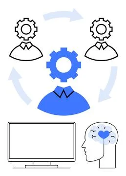 Human-Machine Collaboration Concept with Brain, Gears, and Computer Display.. Stock Illustration