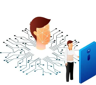 Human Machine Collaboration In Face Identification Isometric illustration o.. Stock Illustration