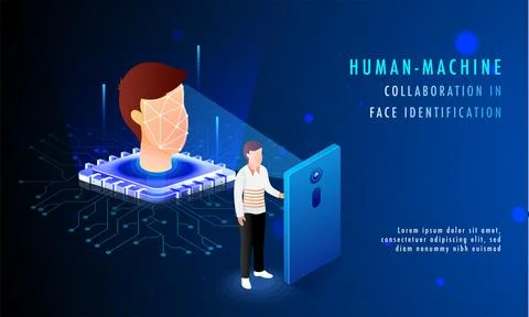 Human Machine Collaboration In Identification concept, Isometric illustrati.. Illustrazione stock