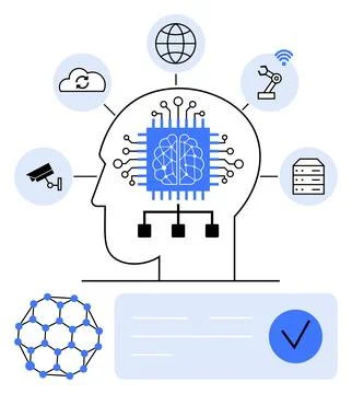 Human-Machine Integration in Technology with AI, IoT, and Network Elements Stock Illustration