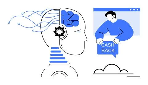 Human-Machine Interaction with Artificial Intelligence and Online Cashback .. Stock Illustration