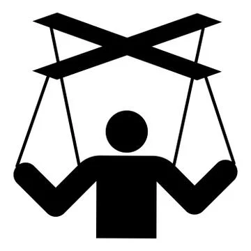 Human manipulation concept Puppet stick man manipulating on string Dependence Illustrazione stock