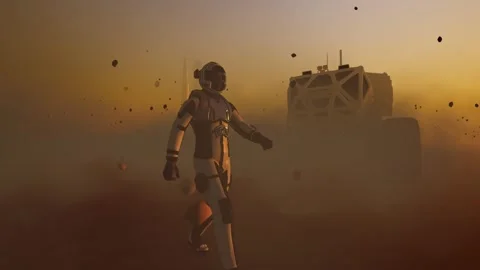 Human on Mars with Rocket, Rover, realistic dust in 4K. Video stock 247905263