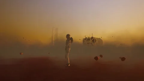 Human on Mars with Rocket, Rover, realistic dust in 4K. Video stock 247905294