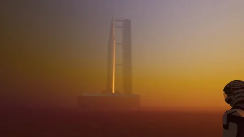 Human on Mars with Rocket, Rover, realistic dust in 4K. Video stock 247905302