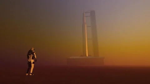 Human on Mars with Rocket, Rover, realistic dust in 4K. Stock-Footage 247905310
