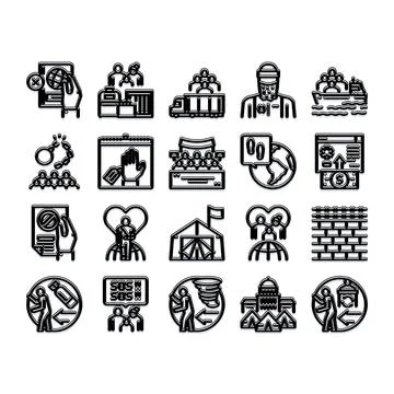 Human migration and refugee crisis icon set Stock Illustration