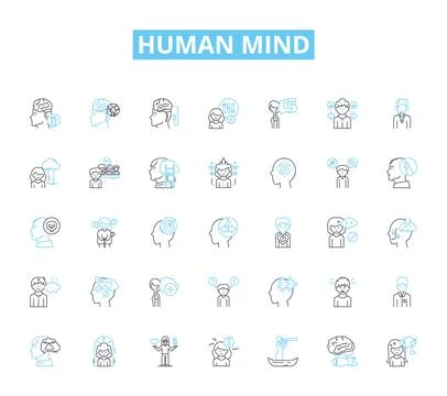 Human mind linear icons set. consciousness, perception, cognition, emotion Stock Illustration