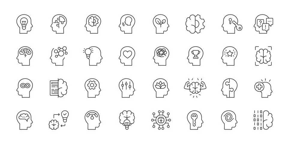 Human Mind Process icons in line design. human mind, brain, thinking, cognition Ilustração Stock