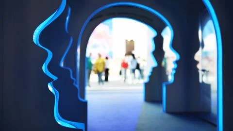 Human mind profiles creating a deep perspective on a blue neon lit pathway 스톡 사진