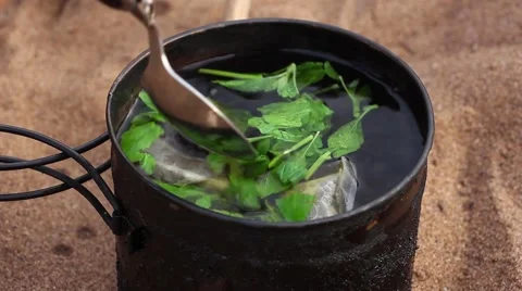 Human mixes fresh mint in the tea and cover with a lid Video stock 52485587
