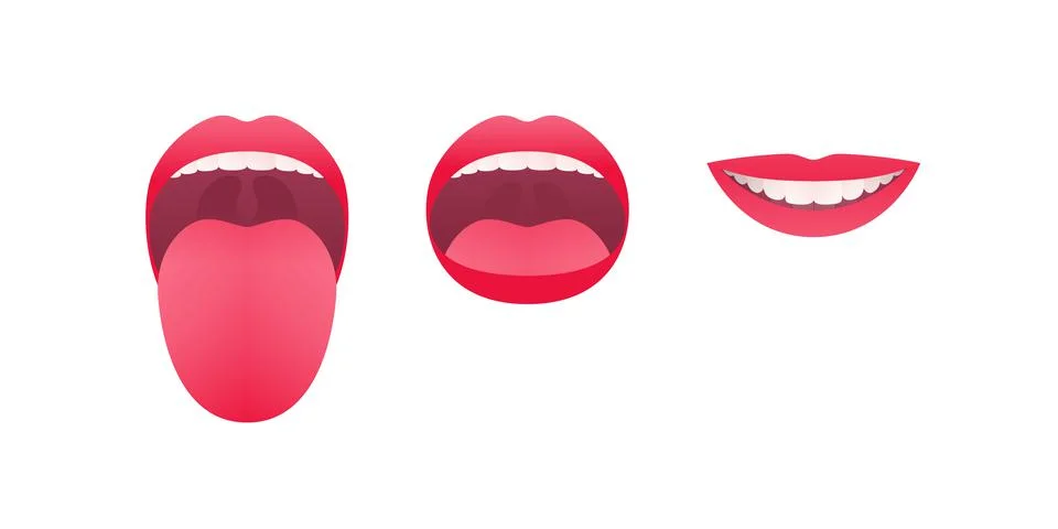 Human mouth with teeth. Vector flat illustration set. Smile and licking tongu Stock Illustration