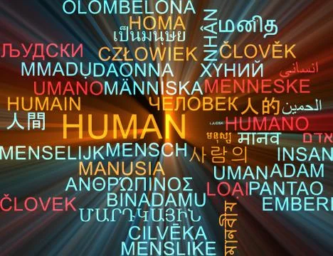 Human multilanguage wordcloud background concept glowing Stock Illustration
