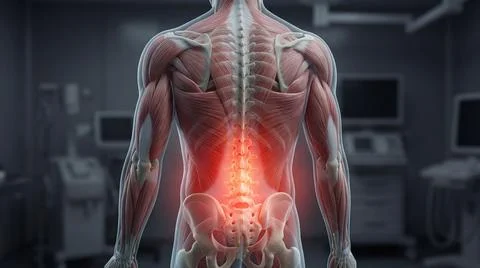 Human muscular system back view with glowing red pain point in lower spine ar Stock Illustration