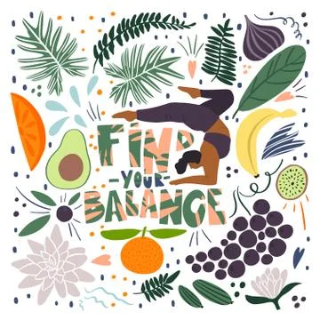 Human, nature elements and fruit compound around quote: find your balance Stock Illustration