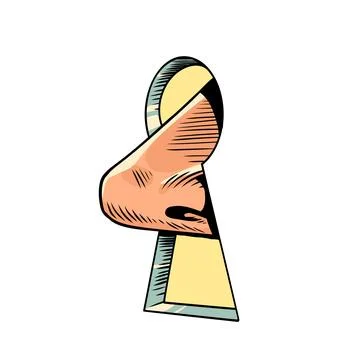 Human nose through a key lock. To sniff out what is closed to others. Search for Stock Illustration