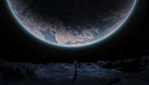 Human observing a planet from space. 3D render Stock Illustration