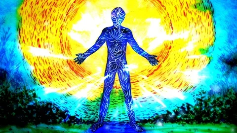Human with open arms and sun in the background, New Age, Meditation Stock Footage 94928724
