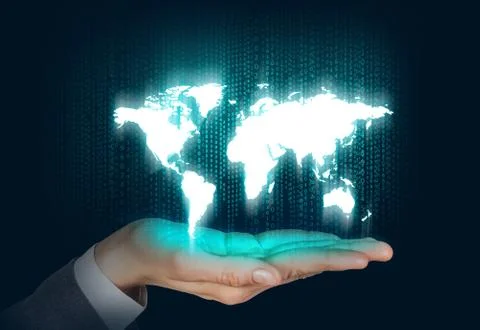 Human open hand with world map Foto stock