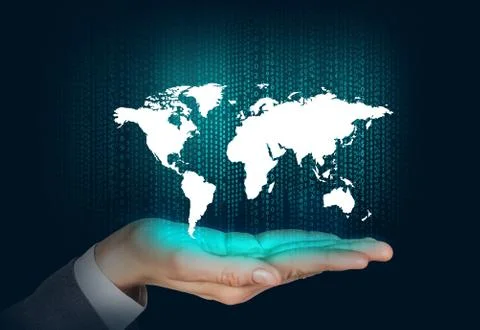 Human open hand with world map Foto stock