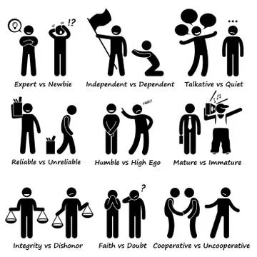 Human Opposite Behaviour Positive vs Negative Character Traits Stick Figure Pict Illustrazione stock