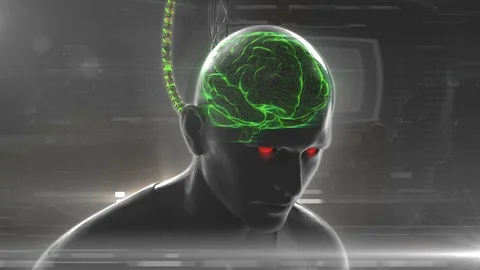 Human or cybernetic brain connected to network, superhuman, learning information Stock Footage 99835914