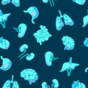 Human organs seamless blue pattern. Turquoise lungs with heart muscle digestive Stock Illustration