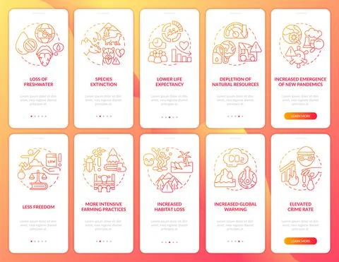 Human overpopulation red gradient onboarding mobile app screen set 스톡 일러스트