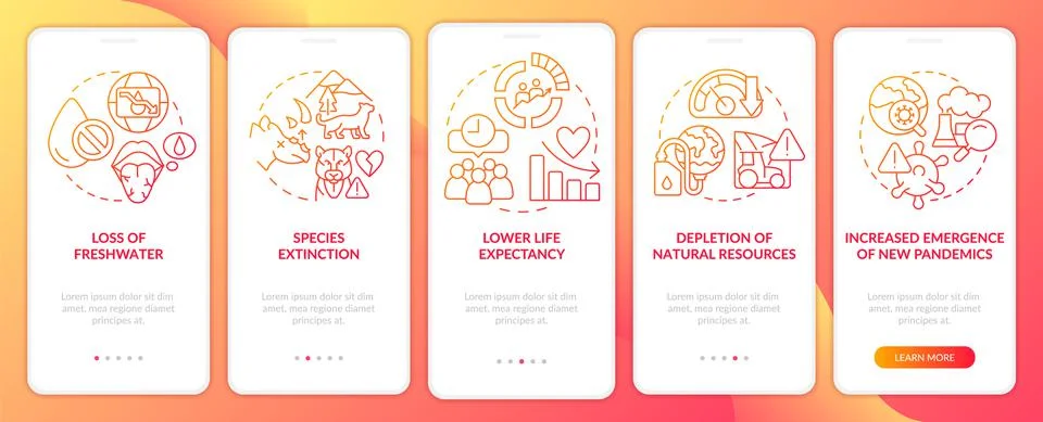 Human overpopulation red gradient onboarding mobile app screen set 스톡 일러스트