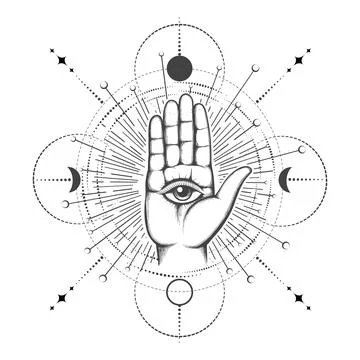 Human Palm with All seeing Eye on Sacred Geometry Background Esoteric Tattoo Stock Illustration