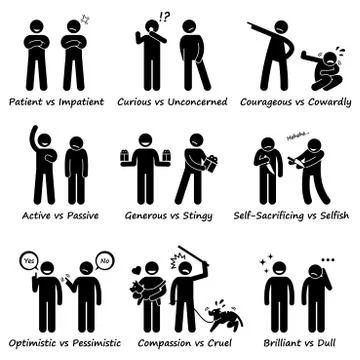 Human Personalities Opposite Values Positive vs Negative Stick Figure Pictogram  Stock Illustration