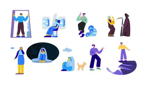 Human phobias set. Afraid flying in an airplane dislike enclosed spaces scared Stock Illustration