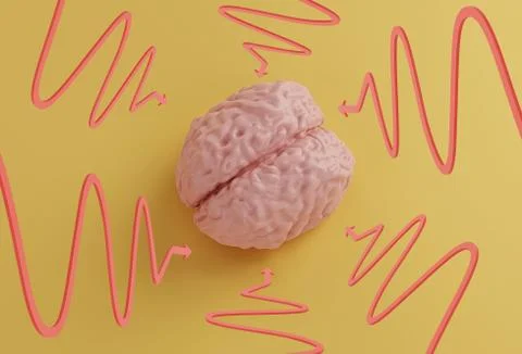 Human pink brain model and arrows pointing to it on yellow background Illustrazione stock
