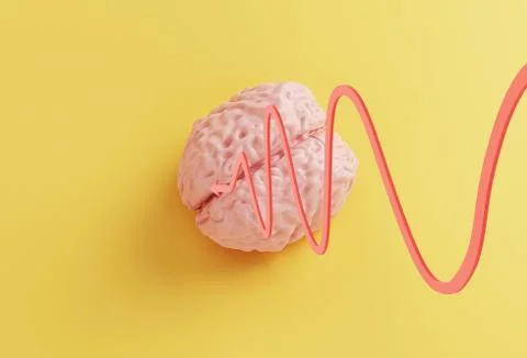Human pink brain model and arrow pointing to it on yellow background Stock Illustration