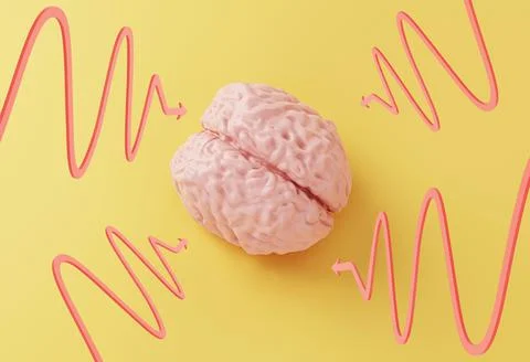 Human pink brain model and arrows pointing to it on yellow background Stock Illustration