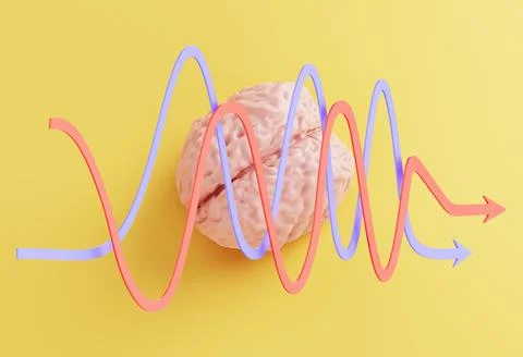 Human pink brain model and arrows on yellow background, minimal concept, 3d Stock Illustration