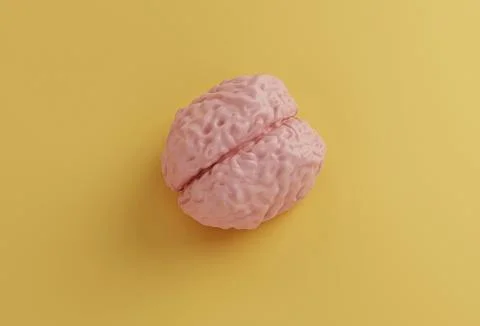 Human pink brain model on yellow background, minimal concept, 3d illustration Stock Illustration