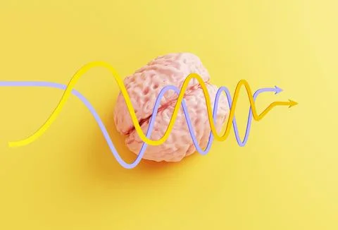Human pink brain model on yellow background, minimal concept, 3d illustration Illustrazione stock