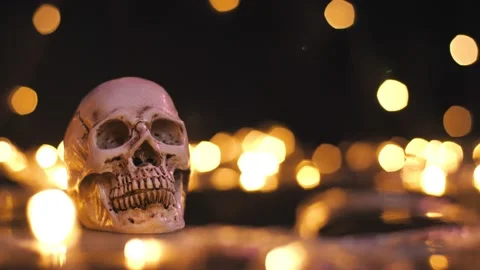 Human plastic skull in Halloween, backdrop of halloween theme Stock Footage 150477093