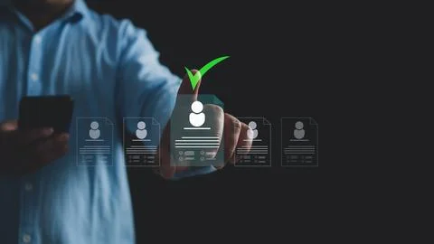 Human points finger at check mark, Human resources management concept. Chec.. Stock Photos