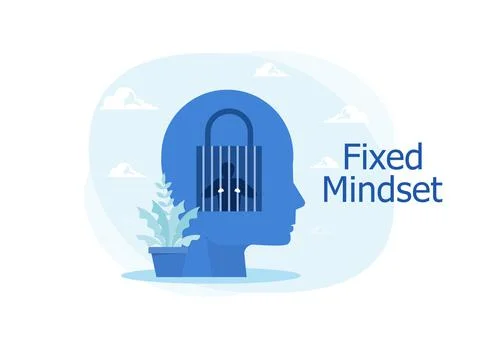 Human in prison with lock Fixed mindset human head silhouette. Negative Think Stock Illustration