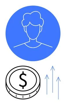 Human profile in blue circle, dollar coin, and rising arrows symbolize financ 库存插图