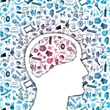 Human profile with brain and collage of plenty daily objects Stock Illustration