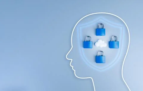 Human profile with cloud security and padlock icons. Cloud protection, cybe.. Stock Photos