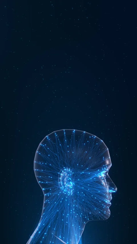 Human profile formed glowing data points connecting lines neural intelligence di Stock Footage 342783017