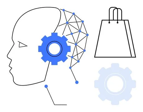 Human profile with neural network pattern, blue gears in the head, and shoppi Illustrazione stock