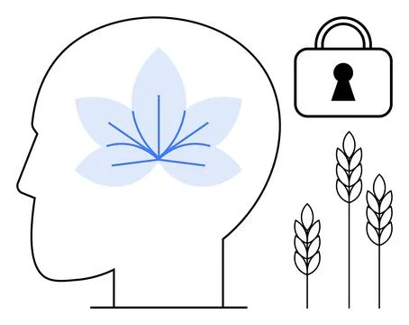 Human profile with translucent flower inside the brain, lock symbol, and whea Stock Illustration