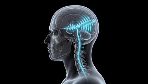 Human profile with translucent skull brain and spinal cord blue waves. イラスト素材