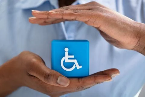 Human Protecting Cubic Block With Disabled Handicap Icon Stock Photos