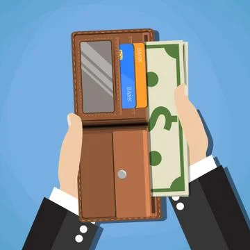 Human putting cash dollars into opened wallet Illustrazione stock